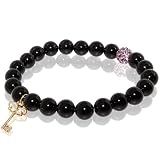 Tourmaline Stretch Bracelet with Bone Key Charm & Pink Rhinestone Bead Accent
