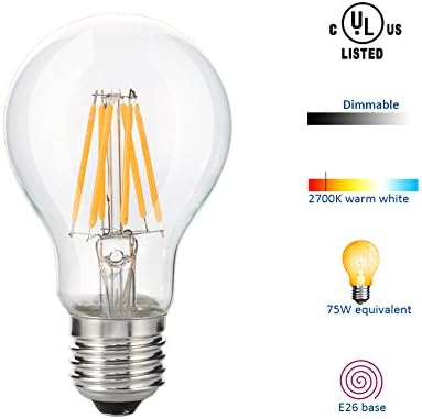 MXTC A19 7w Vintage Edison Led Filament Candelabra Bulb 60 watt ~ 75 Watt Equivalent, E26 Base, 2700K Soft White, Dimmable, UL Listed, A19-7W-1PCS 1-Pack