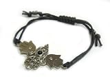 Black Cord Silver Hamsa/Hand of Fatima Good Luck Charm Bracelet with Onyx Center Stone and Crystals - Adjustable