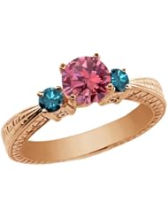 0.99 Ct Round Pink and Blue Diamond 14K Rose Gold 3-Stone Ring