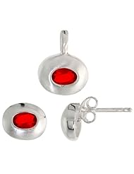 Sterling Silver Matte-finish Oval-shaped Earrings (7mm tall) & Pendant (13mm tall) Set, w/ Oval Cut Ruby-colored CZ Stones