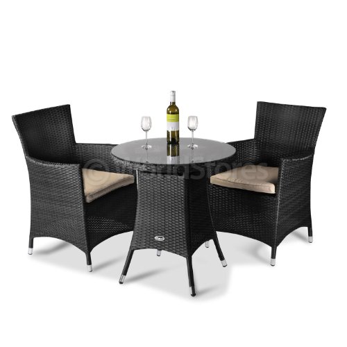 Cannes Round Glass Top Table + 2 Chairs with Cushions - Rattan - Black top Garden Furniture product Cannes Round Glass Top Table + 2 Chairs with Cushions - Rattan - Black picture