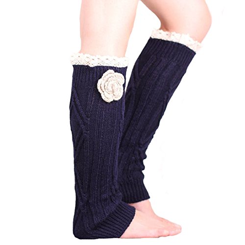 Soft knit Knee High Boot Cuffs Leg warmers with handmade flower Lace trim