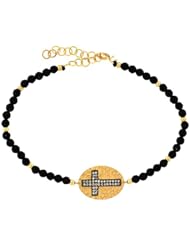 18K Yellow Gold 0.12Ct White Diamond Black Bead Cross Charm Bracelet 8" 4.5Gr