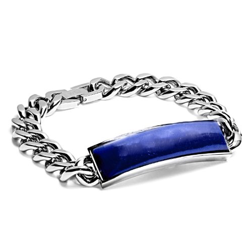 Stainless Steel Dark Lapis Natural Stone ID Bracelet - 8 Inches