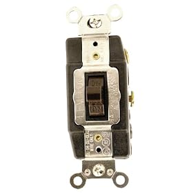 Leviton 1282 15 Amp, 120/277 Volt, Toggle Double-Throw Ctr-Off Maintained Contact Double-Pole AC Quiet Switch, Industrial Grade, Grounding, Brown