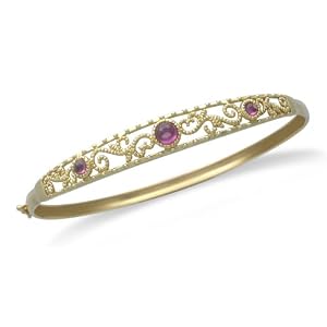 10k Yellow Gold Filigree Design Rhodolite Garnet Flex Bangle Bracelet by