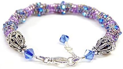 Sapphire Swarovski Crystals and Purple Seed Bead Peyote Tube Bracelet with Silver Extender Chain