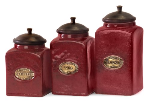 Set of 3 Rustic Red Lidded Ceramic Kitchen Canisters