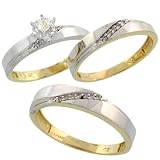 10k Gold 3-Piece Trio His (4.5mm) & Hers (3.5mm) Diamond Wedding Band Set w/ Rhodium Accent, w/ 0.18 Carat Brilliant Cut Diamonds; (Ladies Size 5 to10; Men's Size 8 to 14)