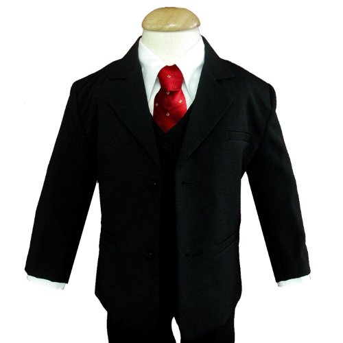 Gino Wedding Formal Red Dot Tie Boy Black Suit 