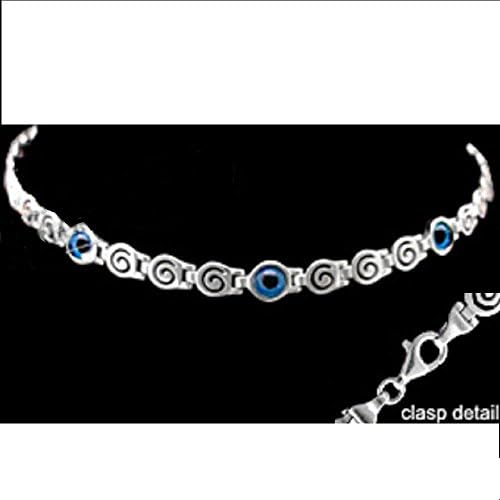 Greek Sterling Silver Mati Collection - Bracelet w/ Greek Key and 3 Mati Evil Eye