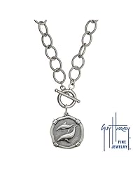 Medium Guy Harvey Sterling Silver Relic Porpoises Necklace on 18" Detailed Link Toggle Chain