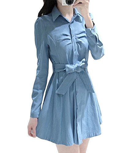 レディース カジュアル ワンピース 大きいサイズ 春夏物 長袖 デニムスカート フレア 美脚 リボン ミニスカート かわいいスカーフ付き AT0113