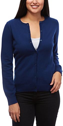 MoonCats Women 100% Cashmere Button Down Long Sleeve Crew Neck Cardigan Sweater (navy, M)