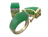 Green Jade Angles Earring and Ring with Block Etching on Side Set, 14k Gold