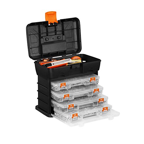 VonHaus Utility Tool Storage Box - Portable Arts Crafts Organizer Case with 4 Drawers & Adjustable Dividers (10.9 x 10.1 x 6.9 inches - Black/ Orange)