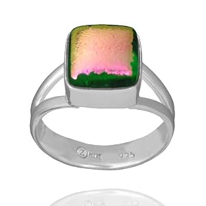 Sterling Silver Dichroic Glass Bezel-Set Green and Purple Rounded Square-Shaped Ring