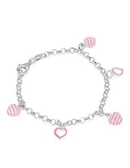 Unicornj Sterling Silver Childrens Bracelet with Pink Striped Heart Charms
