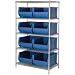 Quantum Storage Systems WR5-993BL 5-Tier Complete Wire Shelving System with 8 QUS993 Blue Hulk Bins, Chrome Finish, 36" Width x 36" Length x 86" Height