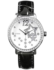 Guess Womens Black Leather Band Silver Stars +Crystals Watch U75036L1
