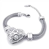 Konov Jewellery Momen's Heart Stainless Steel Charm Bracelet, Colour Silver