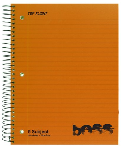 Top Flight Boss Poly Cover 5-Subject Wirebound Notebook, 180 Sheets, 3-Hole Punched, Wide Rule, 10.5 x 8 Inches, 1 Notebook, Color May Vary (42999)