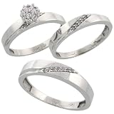 10k White Gold 3-Piece Trio His (4.5mm) & Hers (3.5mm) Diamond Wedding Band Set, w/ 0.13 Carat Brilliant Cut Diamonds; Ladies Size 9