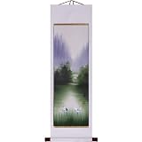 Hand-Painted 50" Oriental Wall Art Scroll - Summer Season Cranes With White Border