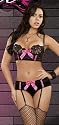 Gorgeous Black with Pink Trim Sequin Lace Cropped Bustier & Boyshort Set