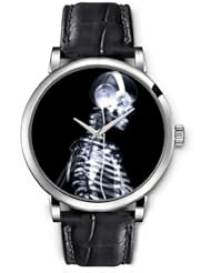 SPRAWL Aanalog Fashion Series Silver Ladies Watches of Genuine Black Leather Strap,Unique Wrist Watch for Women Girls Designed with Skeleton listening music