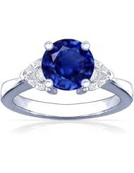 14K White Gold Round Cut Blue Sapphire Three Stone Ring (GIA Certificate)