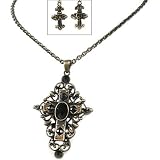 Antique Gold Cross Necklace and Earring Set, Adjustable to 18.5 Inches Long