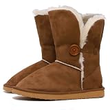 Womens Flat Tan Chestnutt Brown Fur Calf Ankle Ladies Button Fasten Short Snugg Boots Sizes 3-8