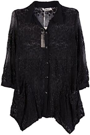 Delelisi Women Plus Size Mesh 3/4 Sleeve Button Down Causal Loose Top Shirt Blouse Black Black Size XX-Large