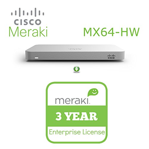 Cisco Meraki MX64 Small Branch Security Appliance Bundle, 200Mbps FW, 5xGbE Ports - Includes 3 Years Enterprise License