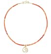 Round Open Design Om (Ohm) Pendant in Gold Vermeil on a Carnelian Gemstone and Swarovski Austrian Crystal Bead Necklace, 15 1/4" Length, #7822
