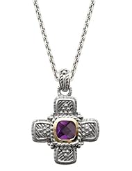 Designer Sterling Silver and 14k Gold Cross Necklace with Genuine Amethyst