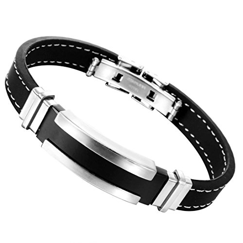 Jstyle Stainless Steel Mens Black Silicone Braceles for Men
