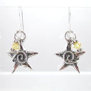 Star and Swirl Dangle Earrings with Yellow Swarovski Crystal Bead in Sterling Silver, #8644
