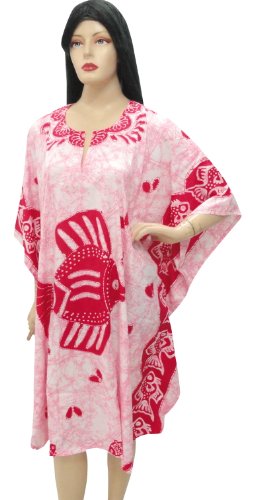 Hot Pink Fish Printed Short Plus Size Kaftan Caftan Cover Up