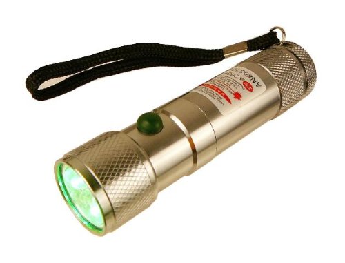 Compact 3-in-1 Super-Bright White + Green LED Flashlight with Laser Pointer - Brilliant Silver Aluminum