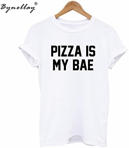 Pizza Is My Bae Letters Print Women Summer T-shirt Black White (M, White)