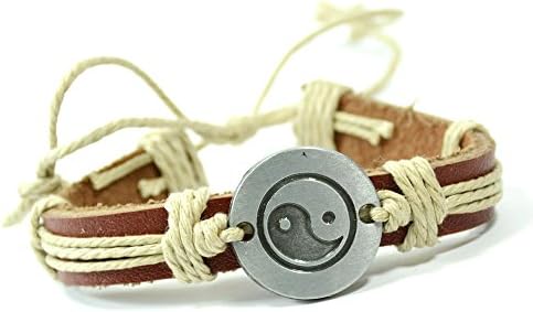 Ying Yang Natural Strand on Brown Leather Bracelet - Adjustable