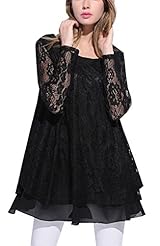 Sexy Scoop Neck Sheer Lace Pleated Mesh Long Sleeves Chiffon Spring Summer  Dress