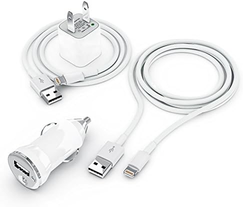 Vemotix Travel Kit Iphone 5 Charger Accessories 2 Pcs 8-pin to USB Sync Data Charging Cable (3ft Each), 1pc - Wall Charge, 1pc - Car Charger Set for Iphone 5,5s,6 Ipad Mini Ipod Touch 5th Gen (White)