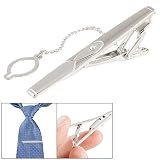 Rosallini Textured Surface Silver Tone Metal Necktie Clip w Chain
