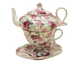 Gracie China 4-Piece Porcelain Tea for One, Stacked Teapot Cup Saucer, Pink Summer Rose Chintz