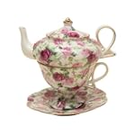 Gracie China 4-Piece Porcelain Tea for One, Stacked Teapot Cup Saucer, Pink Summer Rose Chintz