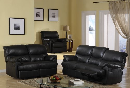 3pc Linkwise Black Motion Leather Reclining Sofa Loveseat & Recliner
